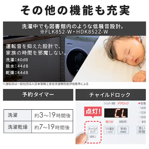 【設置無料】 洗濯乾燥機 ドラム式 8kg 乾燥5kg 左開き 温水洗浄 節水 ファイブセンシング FLK852-W ホワイト【代引き不可】_10