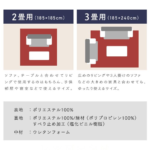 ラグ ラ・クッションラグ キルティング柄 185cm×185cm 2畳 厚さ3cm