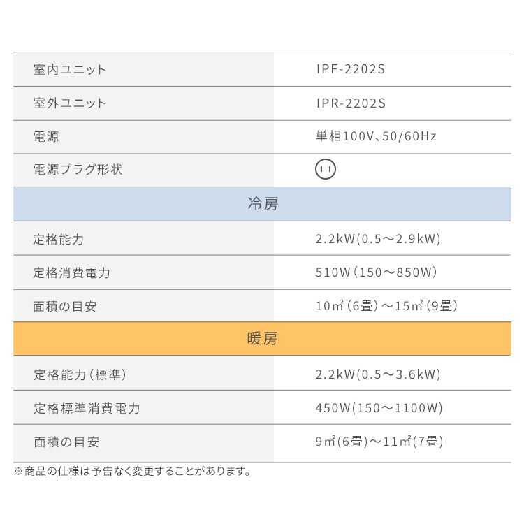 エアコン 6畳 2026年モデル 2.2kW 工事費込み IPF-2202S-W ホワイト