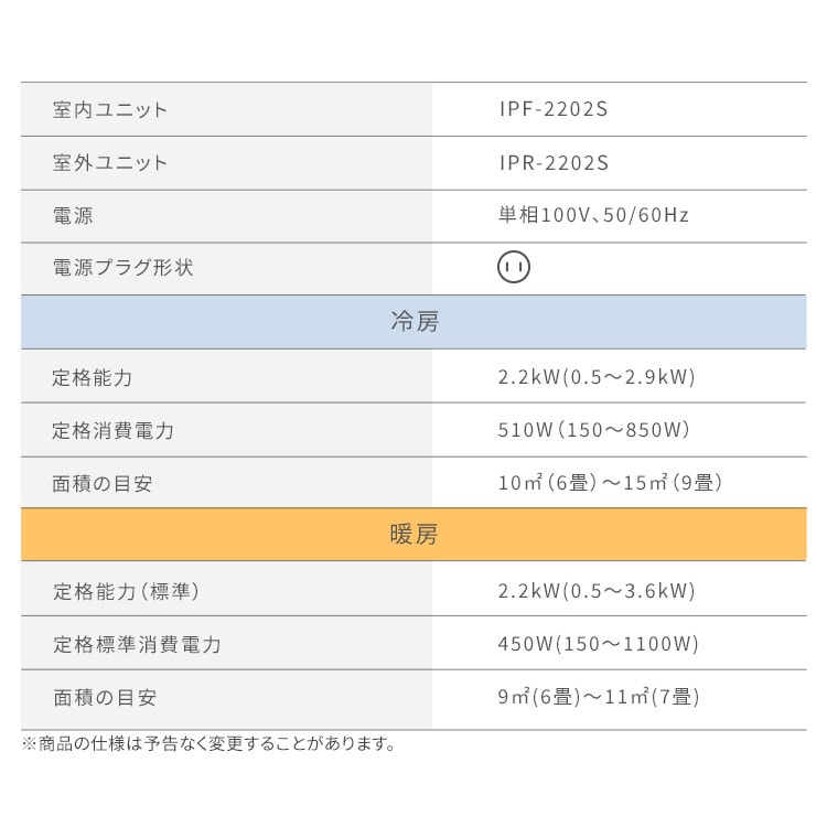 エアコン 6畳 2026年モデル 2.2kW 工事費込み IPF-2202S-W ホワイト