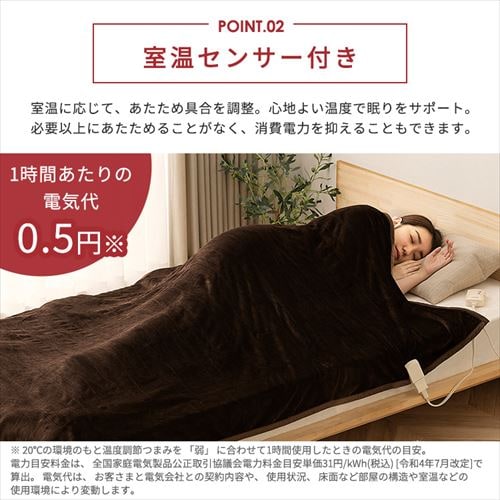 電気毛布 掛け/敷き 130×188㎝ EHB-FR1813B-DT ダークブラウン 107143