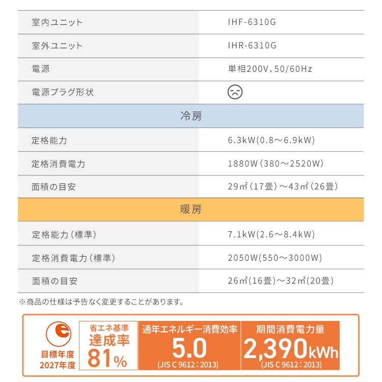 エアコン 20畳 2026年モデル 工事費込み 節電 6.3kw 200V対応 IHF