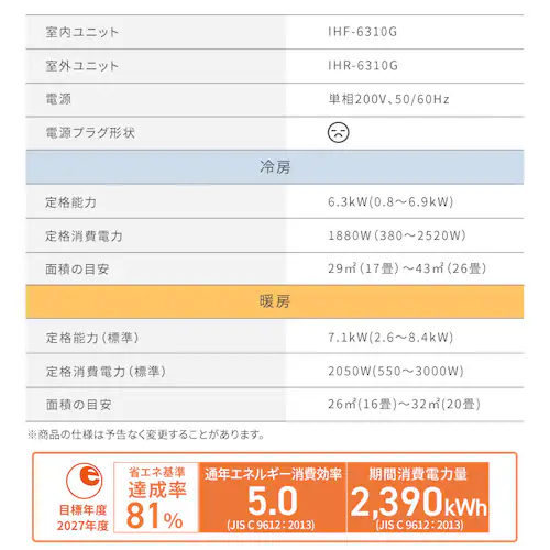 �G�A�R�� 20�� 2026�N���f�� �ߓd 6.3kw 200V�Ή� IHF-6310G-W_20