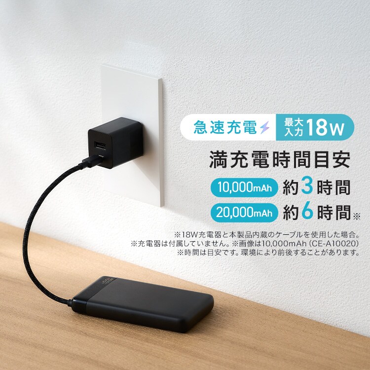 モバイルバッテリー 薄型 軽量 10000mAh CE-A10020-B ブラック 112126