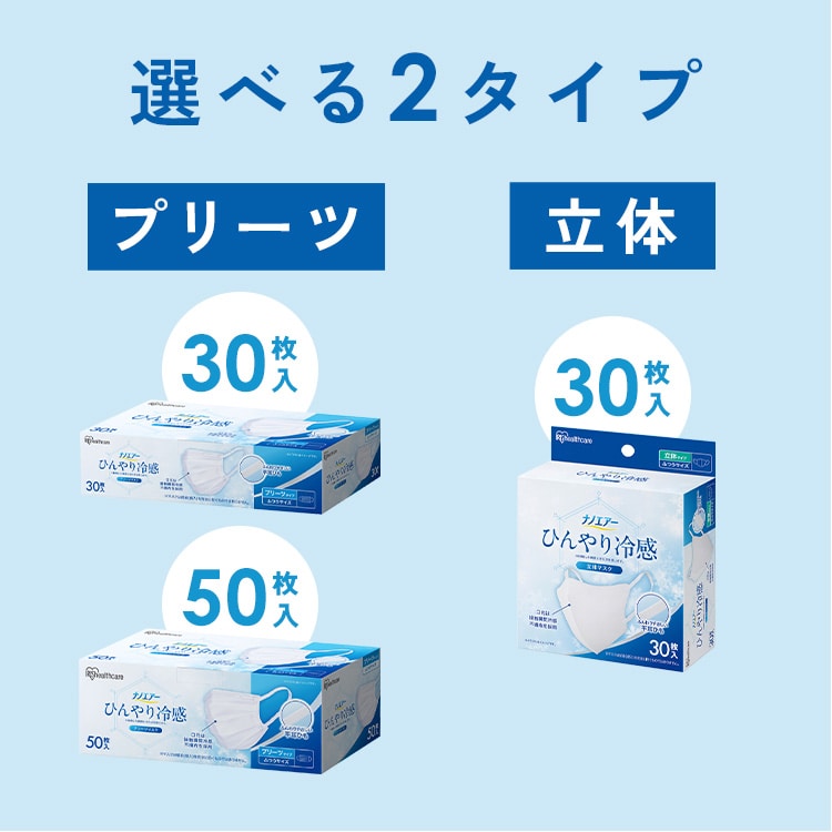 3個】ナノエアー ひんやり冷感プリーツマスク ふつうサイズ 50枚入 KMW