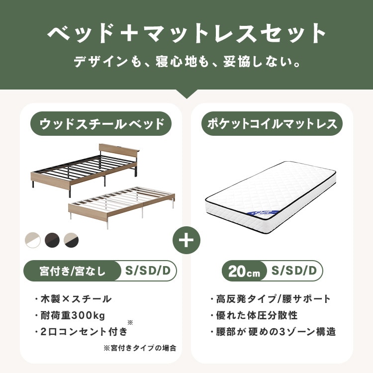 ウッドスチールベッド 引き出しセット 宮付き シングル SBW02-S／SB