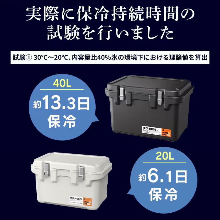 HUGEL 真空断熱クーラー40L 超低温保冷剤付き】クーラーボックス HUGEL 40L 約13.3日保冷 6面真空