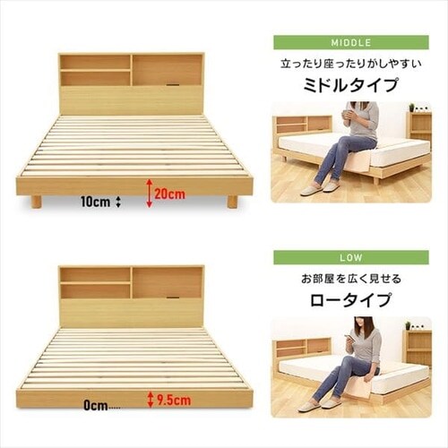 マットレスセット】 ベッド シングル 棚付き コンセント 高さ3段階