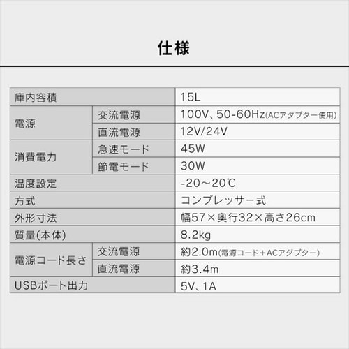 車載冷蔵庫 15L スマホ充電対応 PCR-15U-H【前払い不可】【代引き不可