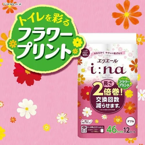 大王製紙 エリエール イーナ トイレットペーパーフラワープリント2倍巻き 46m×12ロール ダブル パルプ100% 華やぐフローラルの香り _3