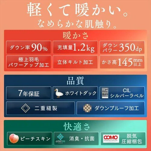 羽毛布団 セミダブルロング WDD90% 350dp 1.2kg ベージュ 7268854