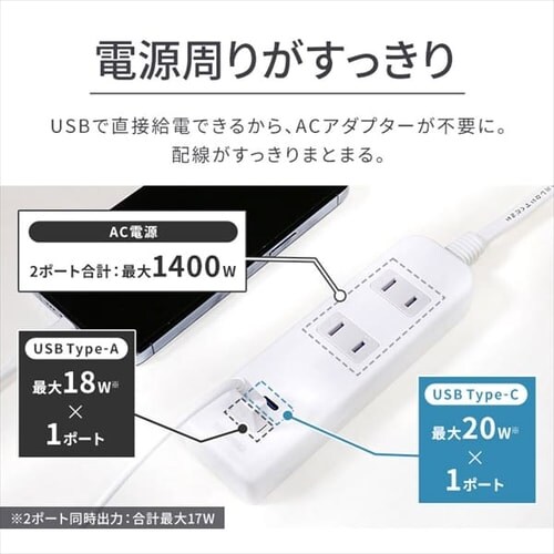 �d���^�b�v 2�� USB�[�d�|�[�g�t�� 2m �ߓd TPU-22AC-W �A�C���X�I�[���}_3