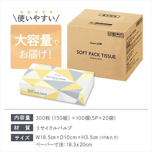 100パック】 ティッシュ ソフトパック 300枚 (150組) 5パック×2