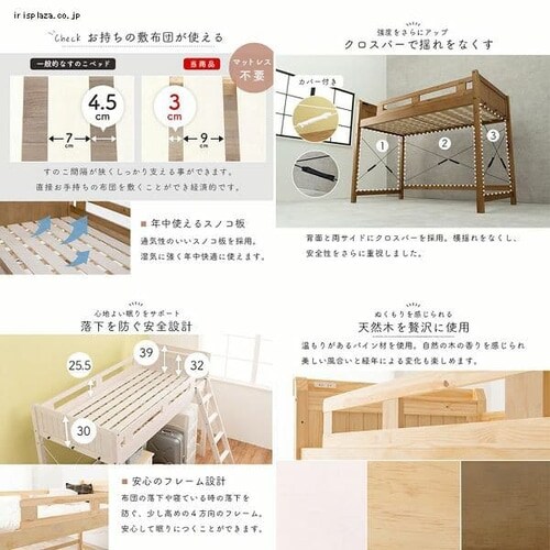 ロフトベッド デスク コンセント付き ライトブラウン 【代引き不可