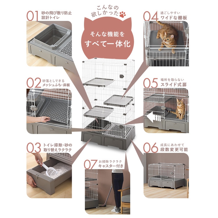 トイレ一体型キャットケージ3段（猫砂スコップ付き） グレー MB273 猫