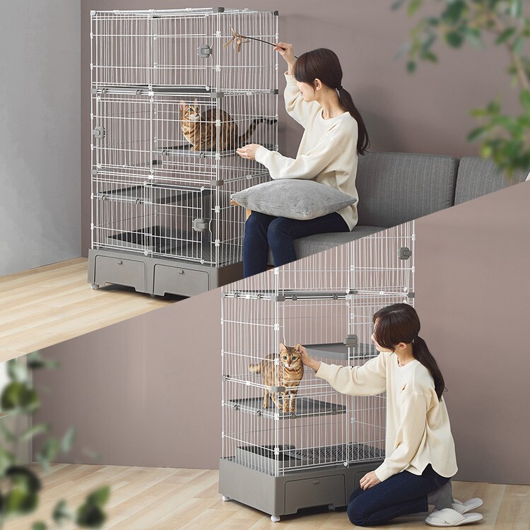 トイレ一体型キャットケージ3段（猫砂スコップ付き） グレー MB273 猫