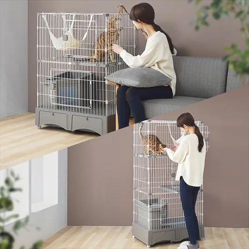 トイレ一体型キャットケージ(猫砂スコップ、ハンモック付き) グレー MB246 2段タイプ 猫ケージ_17