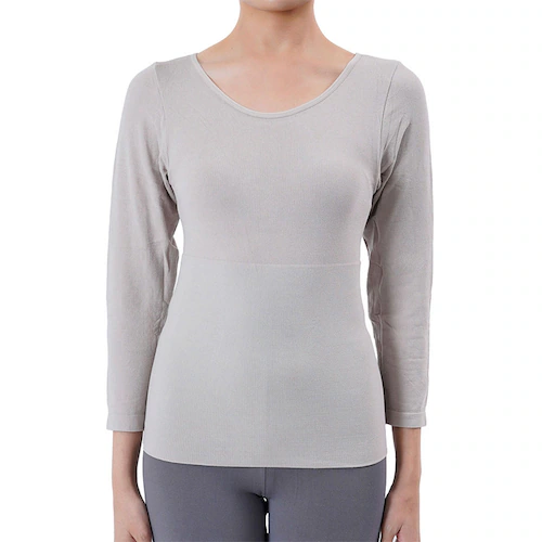 Fukuske 満足 美温活 はらまき心地 腹巻付き長袖シャツ 無地 8分袖 襟ぐり広め 37-4906G90 L ブラック【プラザセレクト】_3