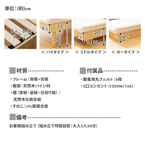 【マットレスセット】 ベッド セミダブル すのこ 棚付き コンセント 高さ3段階 ホワイト+ポケットコイルマットレス 白_18