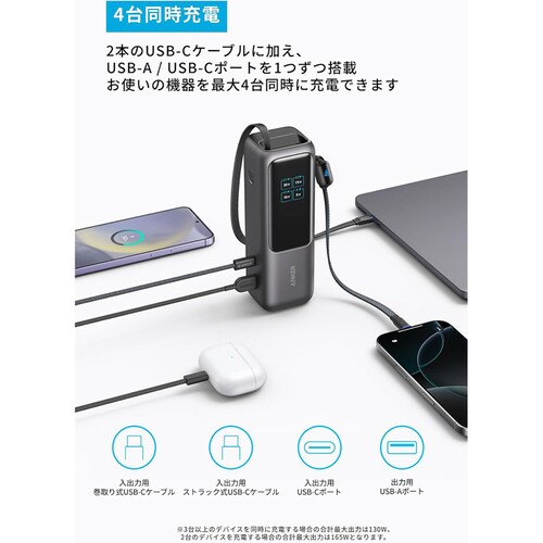 Anker �A���J�[ Power Bank�i25000mAh�C Built-In & ����莮USB-C�P�[�u���j A1695N11 �u���b�N_5