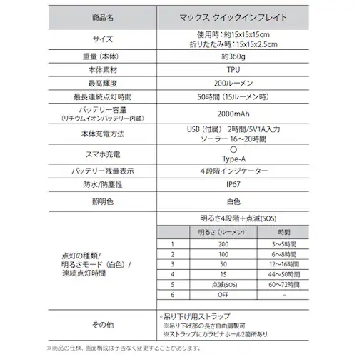ルミンエイド マックスインフレイト ランタン ソーラーランタン インフレータブル 充電器 コンパクト 防災 14083_7