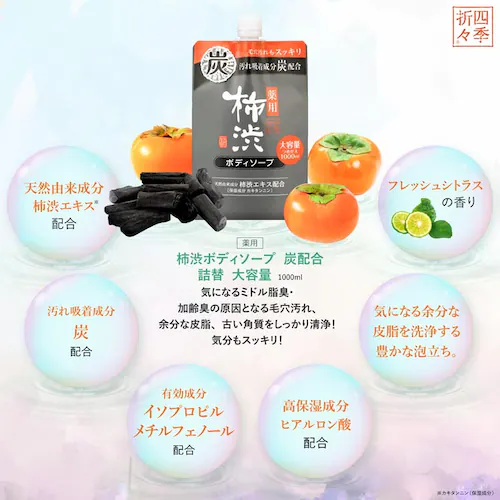四季折々 薬用 柿渋 ボディソープ 炭配合 詰替 大容量 1000ml_6