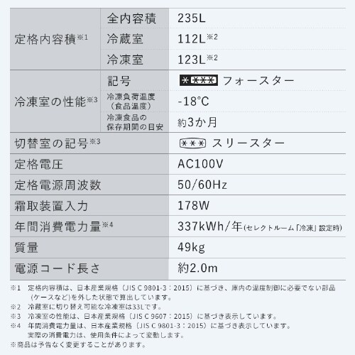 設置無料】 冷蔵庫 235L 自動霜取り 大容量冷凍室最大123L 大凍量 冷凍