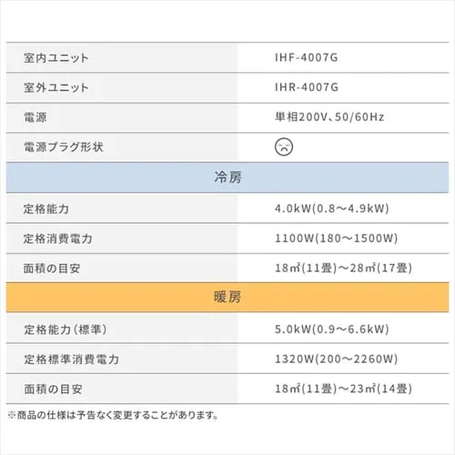 エアコン 14畳 工事費込み 4.0kw 200V対応 IHF-4007G_12