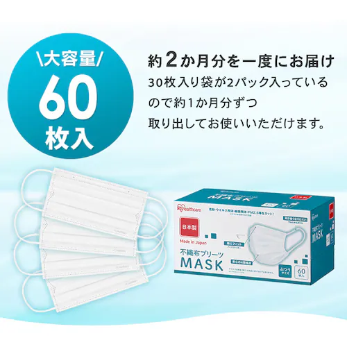 【60枚】 日本製 プリーツ マスク ふつうサイズ_2