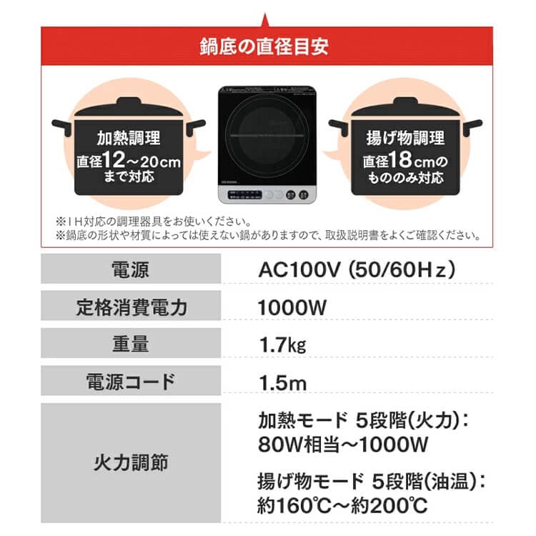 IHコンロ 1口 1000W IHK-T36-W ホワイト H509511│アイリスオーヤマ