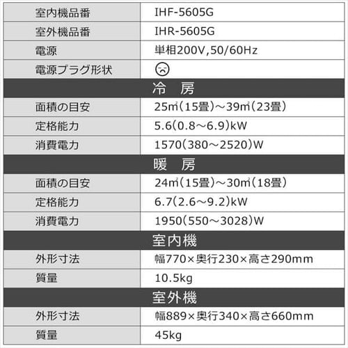 ルームエアコン5.6kW（スタンダード） IHF-5605G（室内機） IHR-5605G