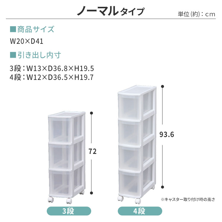 スリムチェスト 3段 幅20cm キャスター付き 隙間収納 ホワイト/クリア