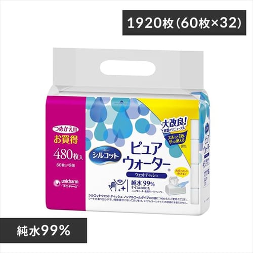 【4個セット】ユニチャームシルコットウエットティッシュ ピュアウォター 詰め替え 480枚入り【プラザセレクト】【プラザマーケット】
