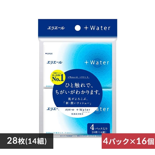 ＜アイリスプラザ＞ 【64パック】大王製紙 エリエール ポケットティッシュ プラスウォーター パルプ100% 14組 4個入×16個セット[ケース販売] 【プラザマーケット】