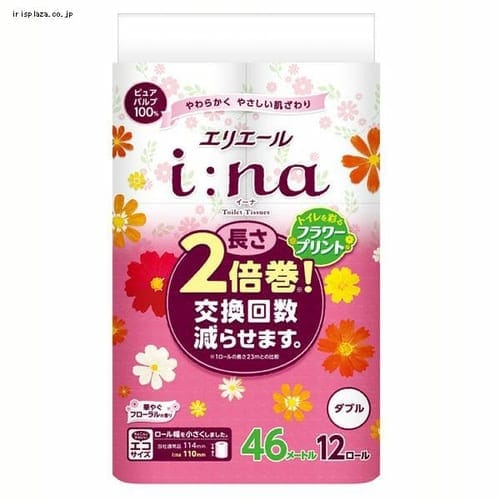 大王製紙 エリエール イーナ トイレットペーパーフラワープリント2倍巻き 46m×12ロール ダブル パルプ100% 華やぐフローラルの香り