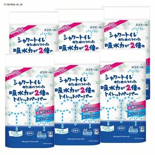 大王製紙 [6個セット] エリエール シャワートイレのためにつくった吸水力が2倍のトイレットペーパー 25m(112シート)×72ロール（12ロール ×6パック）ダブル パルプ100% [ケース販売] 【プラザセレクト】【プラザマーケット】 7171243│アイリスプラザ│アイリスオーヤマ公式 ...