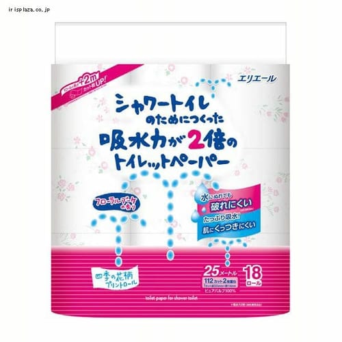  大王製紙 エリエール シャワートイレのためにつくった吸水力が2倍のトイレットペーパー 25m（112シート）×18ロールダブル パルプ100% フラワーブーケの香り 【プラザセレクト】【プラザマーケット】