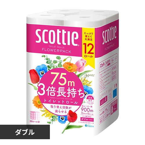 ＜アイリスプラザ＞ 【4個セット】日本製紙クレシア スコッティ フラワーパック 3倍長持ち トイレット12ロール 75mダブル（12ロールで36ロール分） 【プラザマーケット】画像