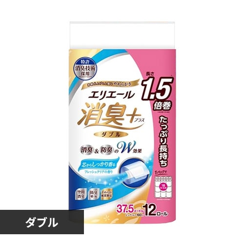 ＜アイリスプラザ＞ エリエール 消臭+ トイレットティシュー たっぷり長持ち12ロール ダブル 幅114mm×長さ37.5m フレッシュクリアの香り 142778 【単品・セット】画像