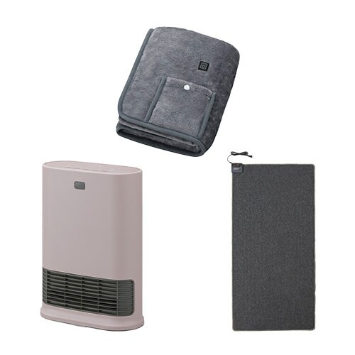 大風量セラミックファンヒーター Wセンサー ピンク / ホットカーペット 1畳 90×180cm / USB電気毛布 90×60cm グレー