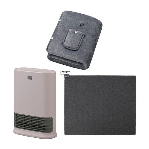 大風量セラミックファンヒーター Wセンサー ピンク / ホットカーペット 3畳 195×235cm / USB電気毛布 130×80cm グレー
