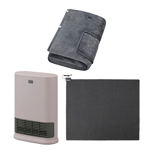 大風量セラミックファンヒーター Wセンサー ピンク / ホットカーペット 3畳 195×235cm / USB電気毛布 160×80cm グレー