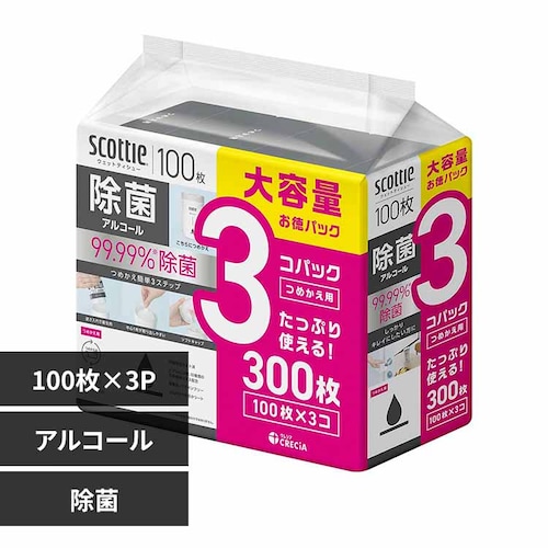 日本製紙クレシア株式会社 スコッティ ウェットティシュー 除菌 アルコール 100枚 つめかえ用 3コパック 77137 アルコール 【プラザセレクト】_0