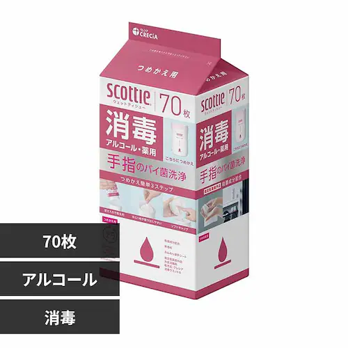 日本製紙クレシア株式会社 スコッティ ウェットティシュー 消毒 アルコール 70枚 つめかえ用 77151 消毒アルコール【プラザセレクト】_0