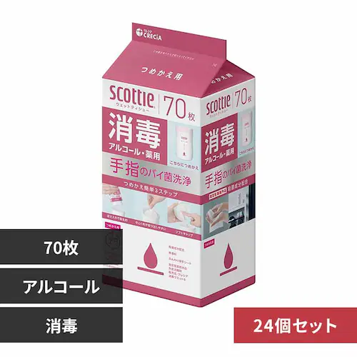 日本製紙クレシア株式会社 【24個セット】スコッティ ウェットティシュー 消毒 アルコール 70枚 つめかえ用 消毒アルコール【プラザセレクト】_0