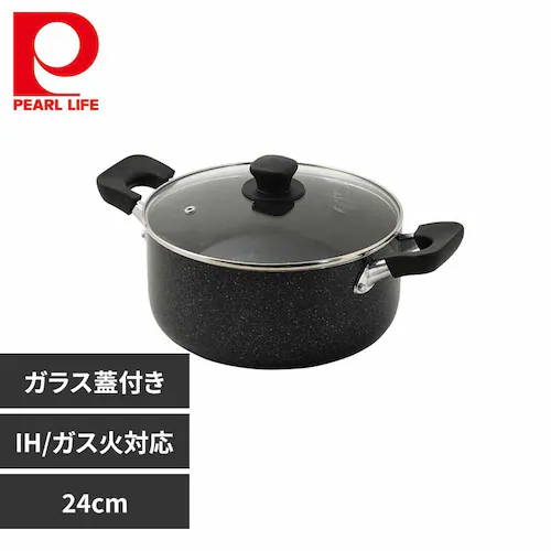 パール金属 両手鍋 24cm 煮込み鍋 IH ガス火対応 ガラス蓋付 ママディナーα HB-5897 【プラザセレクト】_0