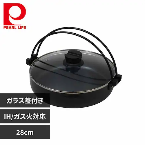 パール金属 すきやき鍋 28cm IH ガス火対応 ガラス蓋付 ふっ素加工 おうち御膳 ブラック HB-5858 【プラザセレクト】_0