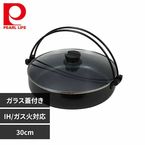 パール金属 すきやき鍋 30cm IH ガス火対応 ガラス蓋付 ふっ素加工 おうち御膳 ブラック HB-5859 【プラザセレクト】_0