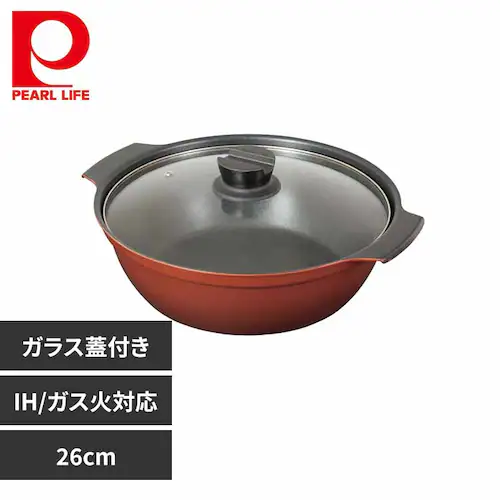 パール金属 卓上鍋 両手鍋 26cm IH ガス火対応 ガラス蓋付き 4~6人用 旨味 レッド HB-6965 【プラザセレクト】_0