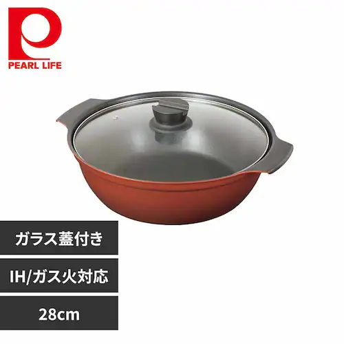 パール金属 卓上鍋 両手鍋 28cm IH ガス火対応 ガラス蓋付き 5~7人用 旨味 レッド HB-6966 【プラザセレクト】_0